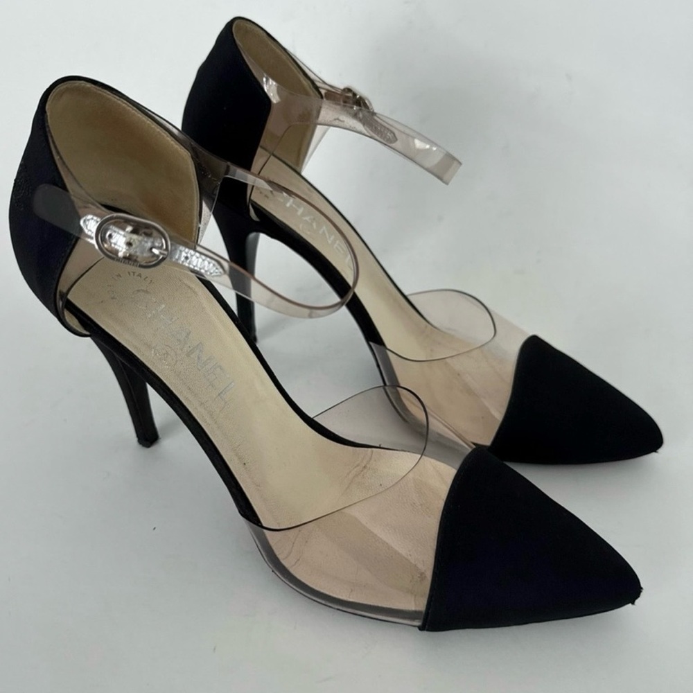 Chanel by Karl Lagerfeld S/S 2013 Black Fabric PVC Ankle Strap D'Orsay Pumps